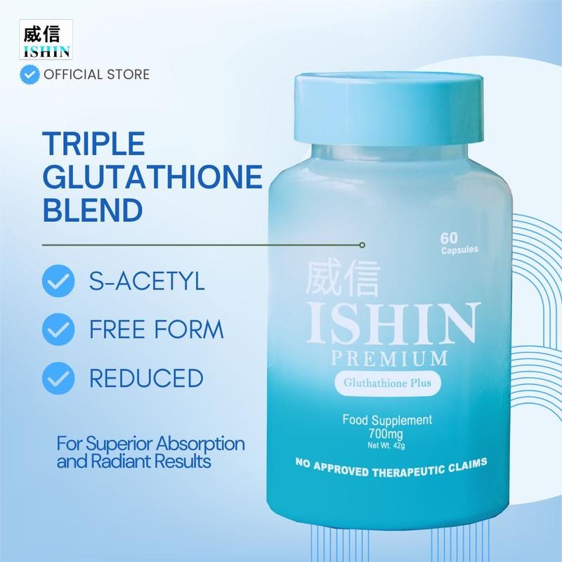 【Nationwide shipping】ISHIN PREMIUM GLUTATHIONE COLLAGEN  | whitens and lightens skin, anti-aging, oral sunblock | 60 caps 700mg per cap | S-Acetyl, Reduced & Free Form Glutathione | Higher Chance of A