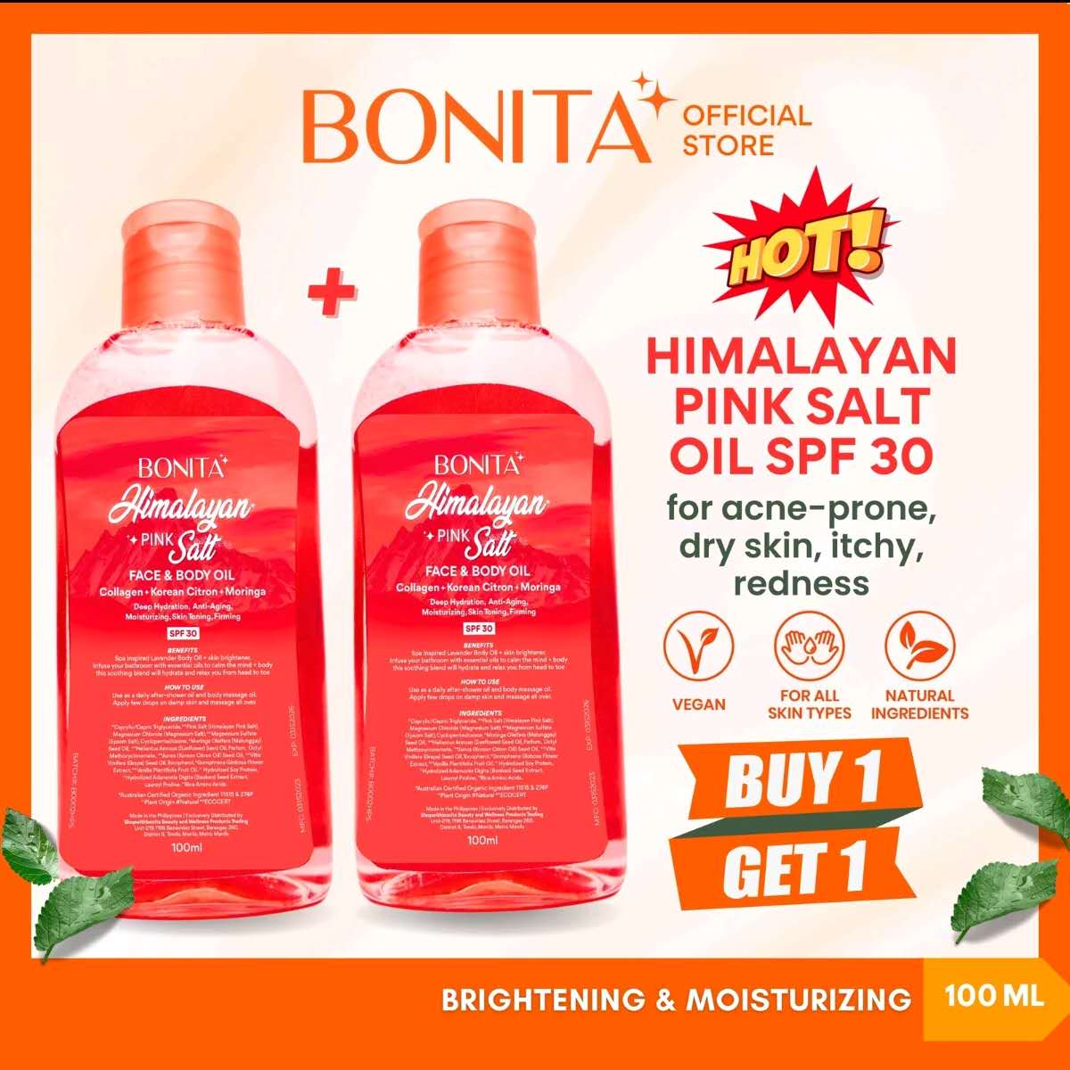 Freeshipping Buy One Get One Free 100ml Himalayan Pink Salt Face and Body Oil with SPF 30, Korean Citron, Collagen, Moringa  Organic