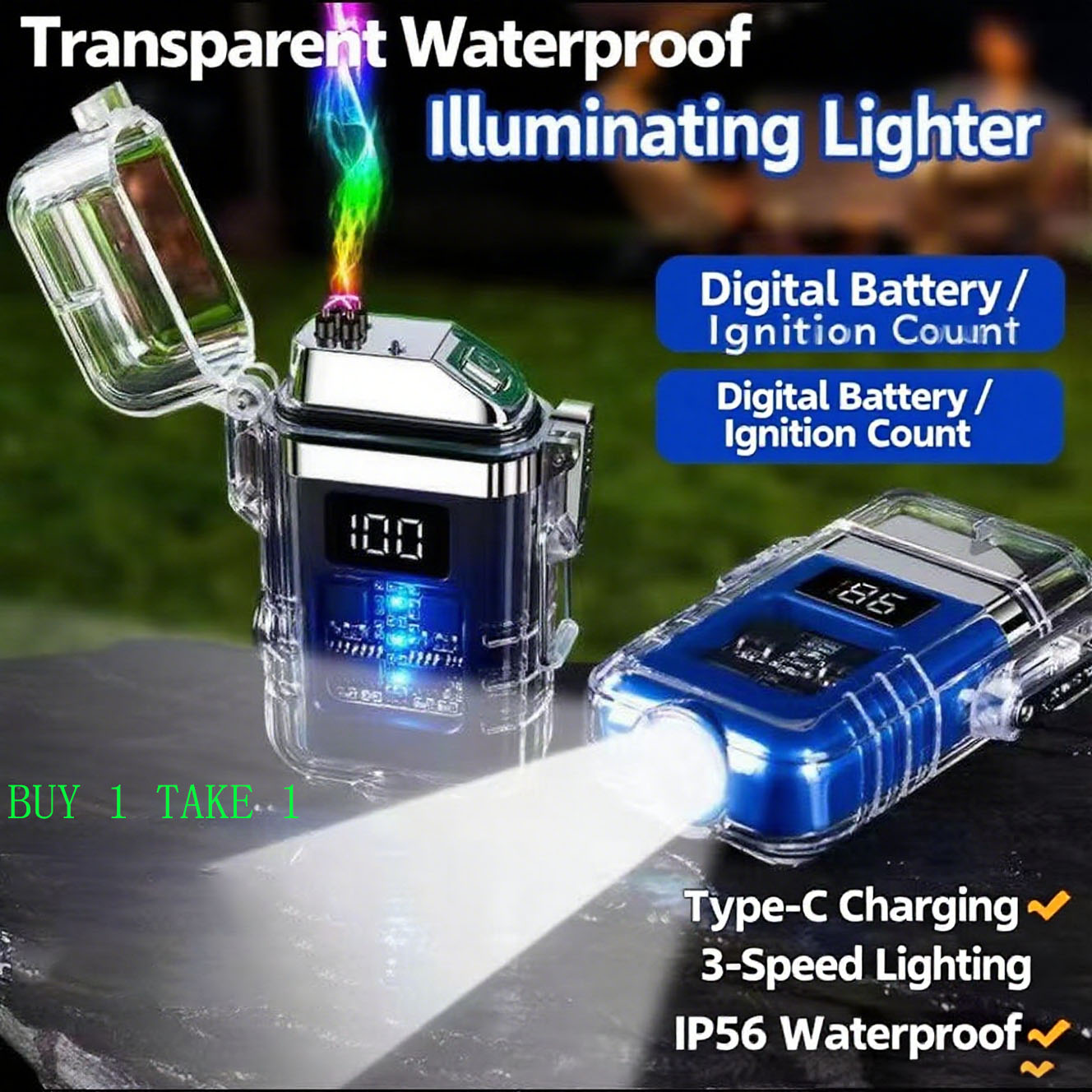 FreeShipping (BUY 1 TAKE 1)Transparent Case Waterproof Electronic Pulse Digital Display Lighter Flashlight Lighting Charging Electric Arc Lighter Accessory